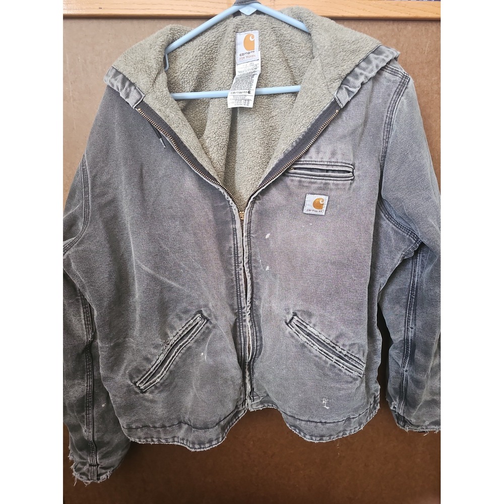 Carhartt Women's XL Sherpa Lined Hooded Duck Canvas Jacket Distressed Workwear